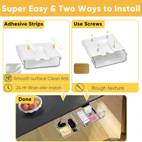 Super Sleek 2 Pack Under Desk Pull Out Storage Drawers Clear Acrylic Drawer Slides With Heavy Duty Self Adhesive Mount and No Sweat Setup For Home Office Counters installation guide with adhesive strips and screws.