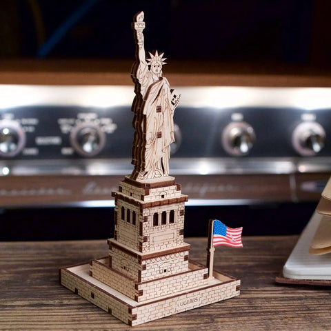 Statue Of Liberty 3D Puzzle Kit, 46 Piece Wooden DIY Model Stands 5.7 Inches, Easy Build No Glue Needed, World Cities Collection, Great Gift For Puzzle Buffs And History Lovers, on table