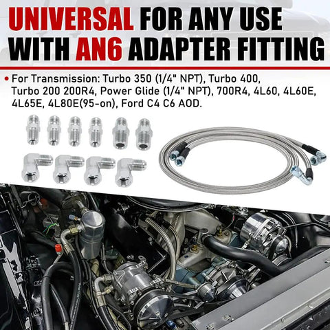 Killer 6AN Transmission Cooler Hose Kit 52 Inch Stainless Steel Braided PTFE Oil Lines with AN6 adapters for various transmissions.