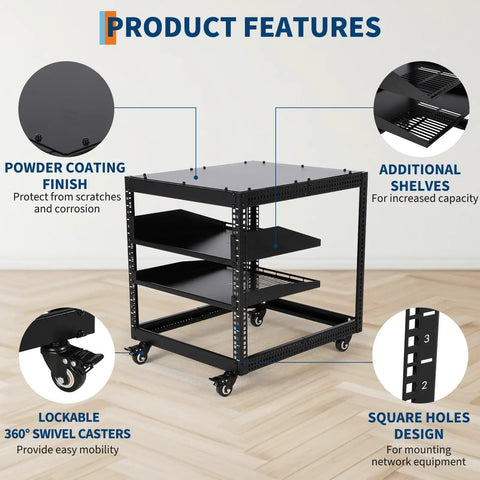 Rock Solid 15U Open Frame Network Server Rack Wall Mount Or Floor Stand Adjustable Depth 23 To 40 Inches Heavy Duty Carbon Steel Equipment Rack For Av It Gear With Vented Shelves Built Tough features powder coating, swivel casters, and additional shelves.