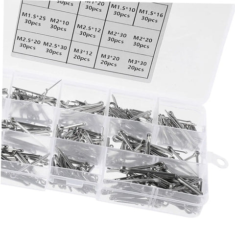 Pro Grade Cotter Pin Kit 420 Piece Stainless Steel Assortment For Cars, Garage, Workshop, Farm And Garden Projects, Heavy Duty Fasteners, Clips And Dowels For Quick Repairs And Secure Fits. Assorted stainless cotter pins in labeled plastic organizer