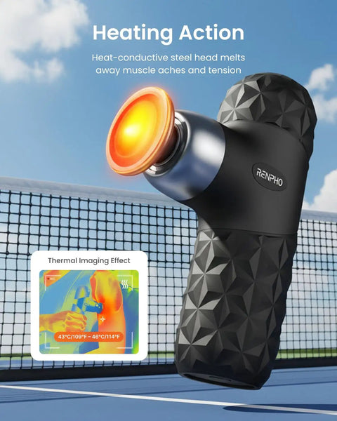 Mini Thermal Massage Gun With Heat Portable Deep Tissue Percussion Massager with heating action by a tennis court.