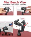 Mini bench vise shown in different angles with adjustable jaws for versatile use, up to 5.5cm clamp range on a red surface.