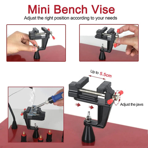 Mini bench vise shown in different angles with adjustable jaws for versatile use, up to 5.5cm clamp range on a red surface.