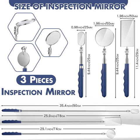 Three Piece Telescoping Inspection Mirror Set With Stainless Steel Handles For Mechanics And Techs Extendable Long Reach Mirrors In Square Round And Oval Shapes 25mm 50mm 50mm Sizes Heavy Duty Handy Tool Kit