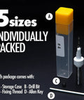 Pro Countersink Drill Bit Set With Carbide Tips For Woodworking Includes Sizes Four Six Eight Ten And Twelve Five Pieces High Speed Steel Construction Round Shank For Rotary Tools And Benchtop Drills shown with storage case, drill bit, fixing thread, and Allen key.