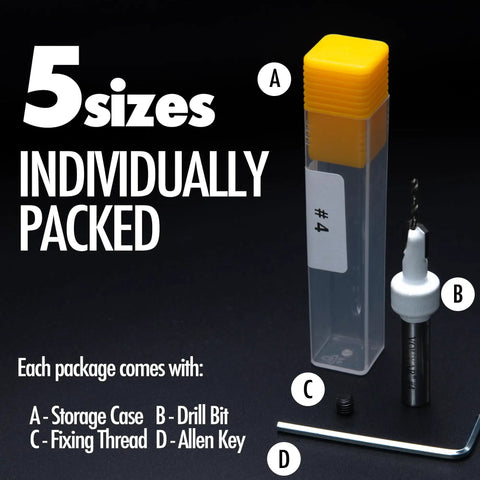 Pro Countersink Drill Bit Set With Carbide Tips For Woodworking Includes Sizes Four Six Eight Ten And Twelve Five Pieces High Speed Steel Construction Round Shank For Rotary Tools And Benchtop Drills shown with storage case, drill bit, fixing thread, and Allen key.