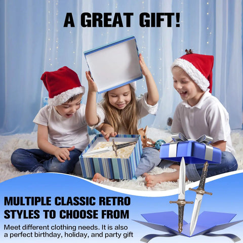 Kids with gift box containing Two Piece Dope Lightweight Foam Dagger Set With Blunt Tips For Adults And Kids Safe Halloween Cosplay Accessory