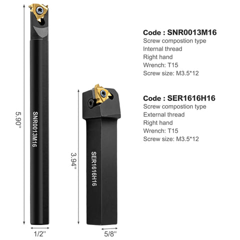 Black metal lathe threading tool holder set for 1/2 in and 5/8 in shanks with indexable carbide inserts.