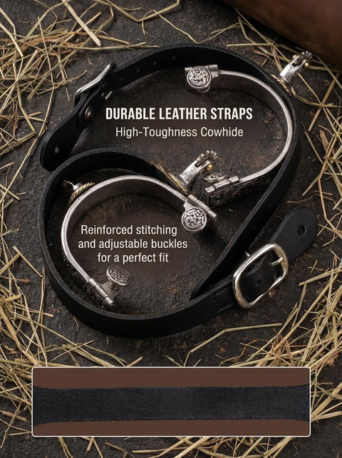 Close-up of Cowboy Spurs Set With 6 Hole Belt Rotatable Gear Stainless Steel Spurs For Equestrian Riding on hay surface.