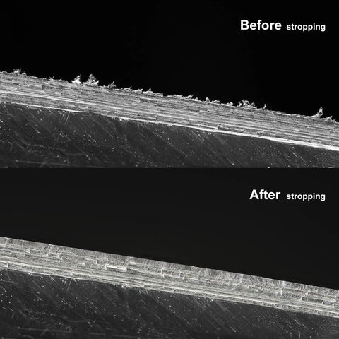 Before and after sharpening with Dope Green Polishing Compound For Sharpening And Buffing Ultrafine Aluminum Oxide And Chromium Oxide Blend 1 To 2 Micron Particles Delivers 10000 To 14000 Grit Edge 2 Pack showing smoother blade edge.