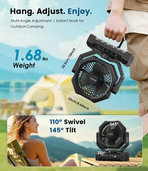 Person holding Rechargeable Camping Fan With 60 Hour Battery, 4 Speeds, 3 Light Modes, Timer And Sleep Mode, Portable Tent Fan
