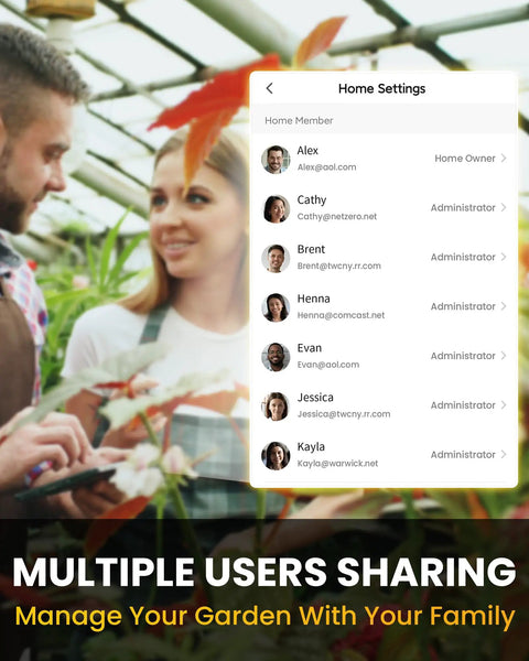 Smart WiFi Hose Timer For Garden Watering With Alexa Voice Control And Mobile App Hands Free Remote Scheduling And Manual Override Drip Irrigation Controller System With WiFi Hub showing multiple users sharing on app interface.