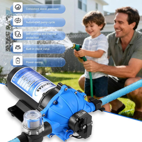 Heavy-Duty 7 GPM 70 PSI 110V Diaphragm Water Pump With Five Chamber Self Priming System in garden setting with family