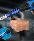 Handy Electric Drill Riveting Attachment That Turns Your Power Tool Into A Serious Riveter With High Carbon Steel Build And 4 Sizes For Aluminum Or Stainless Steal Jobs Fast, blue drill rivet adapter in use