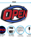 Extra Large 32 By 16 Open Sign With Ultra Bright Red And Blue LEDs Jumbo Neon Style Display Remote Controlled Day Or Night Visibility Static Five Speed Flash And Scroll Modes shown with dimensions, power supply, and remote control