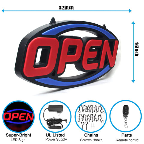 Extra Large 32 By 16 Open Sign With Ultra Bright Red And Blue LEDs Jumbo Neon Style Display Remote Controlled Day Or Night Visibility Static Five Speed Flash And Scroll Modes shown with dimensions, power supply, and remote control