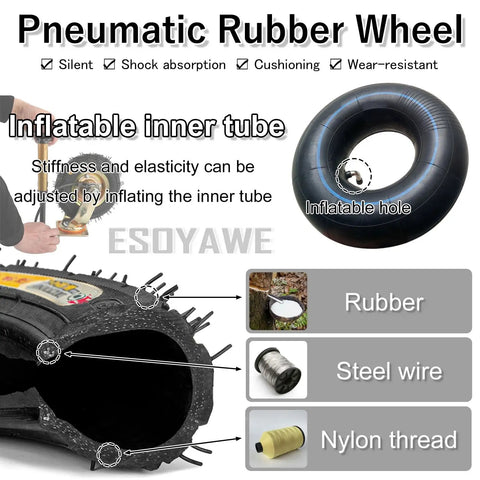 Straight Up Heavy Duty 10 Inch Pneumatic Casters, Air Filled Rubber Wheels Roll Smooth As Butter, inner tube and rubber tire details.