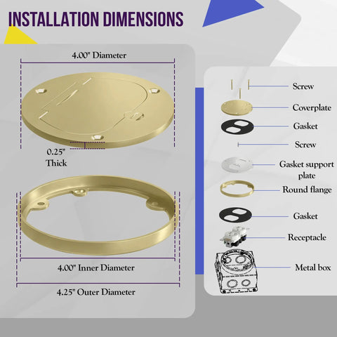 Brass Flip Lid Floor Box Cover 4 Inch Diameter With 20A Tamper Weather Resistant Duplex Receptacle And Watertight Gaskets UL Listed Floor Outlet Box Cover For Commercial And Residential Use Junction Box Not Included installation dimensions illustration