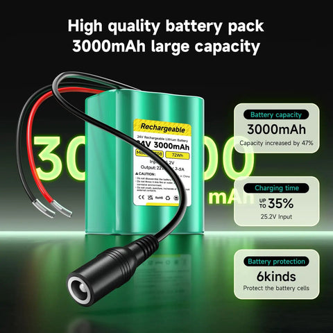 24V 3.0Ah Li Ion Battery Pack With Charger For DIY Projects and RC Cars, green battery image showing capacity label and connector