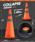 2 Pack 28 Inch Orange Collapsible Traffic Cones With Quick Pull Setup And Slick Fold Flat Storage, detail of collapsed cone.