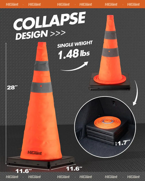 2 Pack 28 Inch Orange Collapsible Traffic Cones With Quick Pull Setup And Slick Fold Flat Storage, detail of collapsed cone.