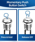 Diagram showing operation of 12V Momentary Push Button Switch 12mm Metal Waterproof Push Button Silver Normally Open SPST 2 Pin for electronics