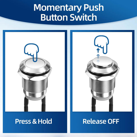 Diagram showing operation of 12V Momentary Push Button Switch 12mm Metal Waterproof Push Button Silver Normally Open SPST 2 Pin for electronics