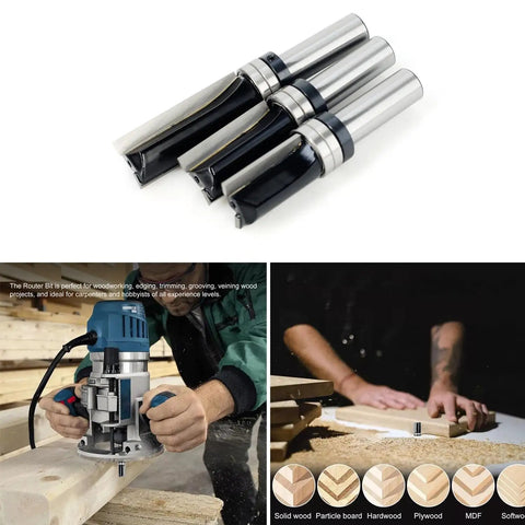 Badass Pattern Flush Trim Router Bit Set Featuring Solid Half Shank Dual Bearing Guides And Razor Sharp Micro Grain Carbide Teeth for precise template cutting.