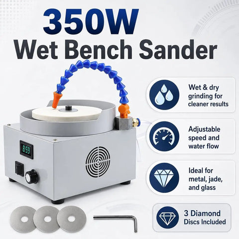 Kickass Heavy Duty Electric Wet And Dry Bench Sander With Three Diamond Discs Providing Rock Solid 0 To 2800 Rpm Adjustable Speed Control for polishing and sharpening.