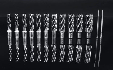HSS Annular Cutter Set 13 Pc With 2 Inch Cutting Depth Weldon Shank Includes 11 Cutters And 2 Pilot Pins For Fast Steel Hole Cutting From 7/16 Inch To 1-1/16 Inch Pro Grade