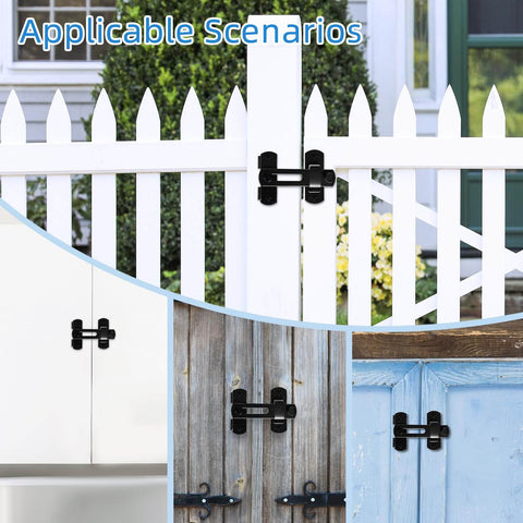 Beefy 4 Inch Heavy Duty Barn Door Lock Latch for Sliding Doors and Barn Gates shown installed on fences and cabinets