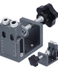 Oblique Pocket Hole Jig Kit with 15 Degree Adjustable Drilling Locator and Self Tightening Clamp shown with ruler markings.