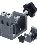 Close-up of 52 Piece Top Shelf 15 Degree Adjustable Pocket Hole Jig Kit with precision drill guide and self-tightening clamp.