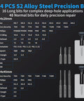 64 S2 precision bits for Mini Electric Screwdriver Kit With 70 In 1 Bits, diverse bit types visible on chart for PC electronics repair