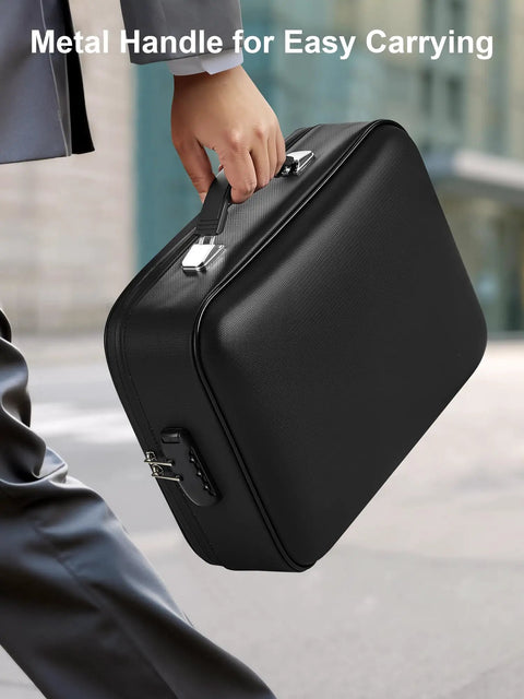 Person carrying Fireproof Waterproof Document Safe Box With Lock For Important Docs And Passports, cash and certificates
