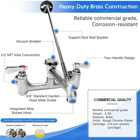 Commercial Mop Sink Faucet With Vacuum Breaker, Wall Mount 8 Inch Center Service Sink Faucet, 3/4 Inch Hose Thread, Pail Hook