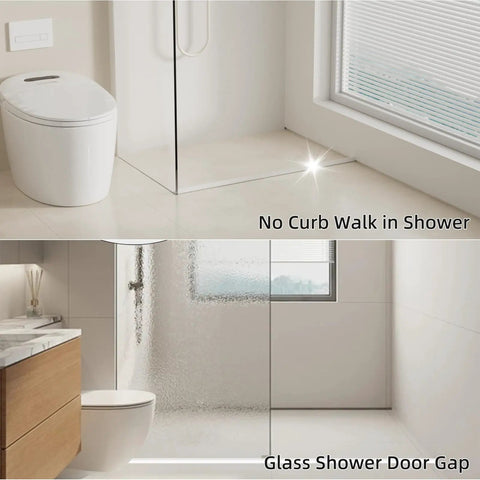 No curb walk shower design showing sleek glass wall, modern tiles, and efficient water barrier in bathroom.