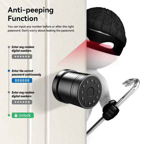 5 In 1 Smart Door Lock With Fingerprint Keypad IC Card Code And Physical Key Bluetooth App Unlock TTLock Digital Biometric Lock showing anti-peeping on door.