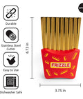 Front view of OTOTO Frizzle Crinkle Fry Cutter; red base with gold-toned stainless steel blades, dishwasher safe.