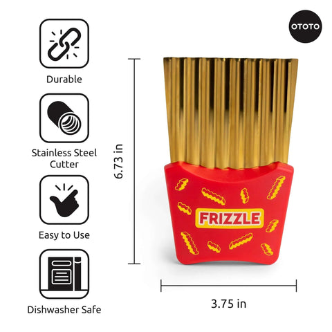 Front view of OTOTO Frizzle Crinkle Fry Cutter; red base with gold-toned stainless steel blades, dishwasher safe.