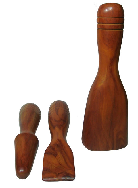Hammer Massage Tool Set For Deep Tissue Relief Three Piece Eight Point Five Inch Red Wood Tok Sen Therapy Kit displayed vertically