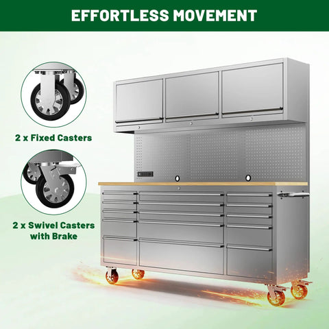 72 Inch Heavy Duty Tool Chest And Rolling Workbench With 15 Drawers, Wheels, Three Upper Cabinets, Pegboard, And Power Strip For Garage