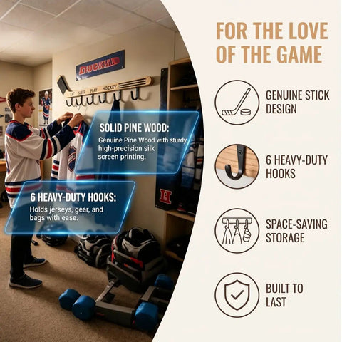 Premium Quality Top Tier Solid Wood Hockey Stick Wall Mounted Coat Rack Featuring Six Heavy Duty Hooks in a sports-themed room.