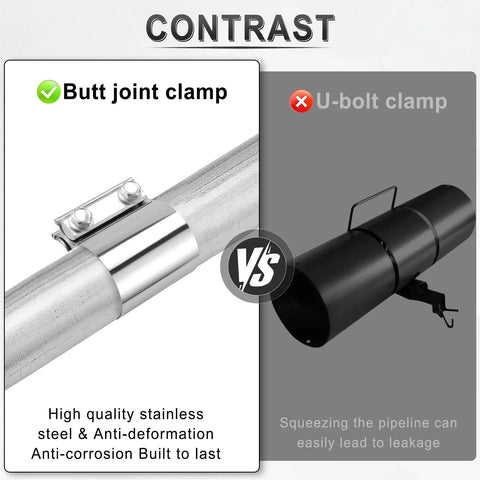 Comparison of 2.5 Inch Exhaust Clamp Beefed Up 304 Stainless Steel Heavy Duty Lap Joint Band Clamp with butt joint and U-bolt clamp