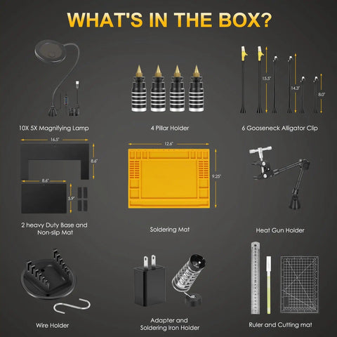 What's in the box of Heavy-Duty Soldering Station With Magnetic Third-Hand Rig showing all accessories and components.