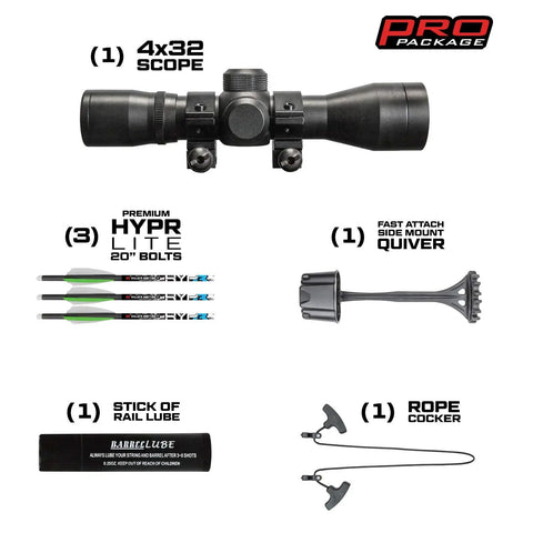 Lethal 405 FPS Crossbow With Beast Mode Pro Package featuring 4x32 scope, 3 HYPR Lite bolts, quiver, rope cocker, and rail lube.