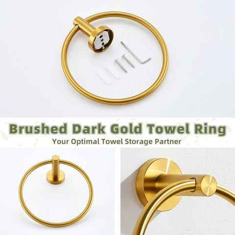 Brushed Dark Gold Towel Ring For Bathroom Wall, Heavy Duty SUS 304 Stainless Steel Hand Towel Holder, mounting hardware shown