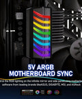 5V ARGB motherboard sync lighting with rainbow colors installed in a black PC case next to fan, featuring branding logos.