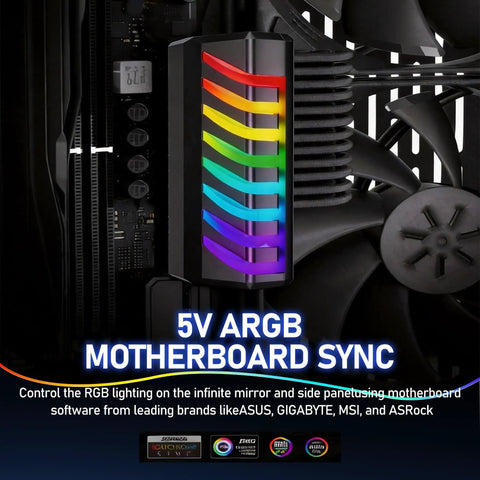 5V ARGB motherboard sync lighting with rainbow colors installed in a black PC case next to fan, featuring branding logos.